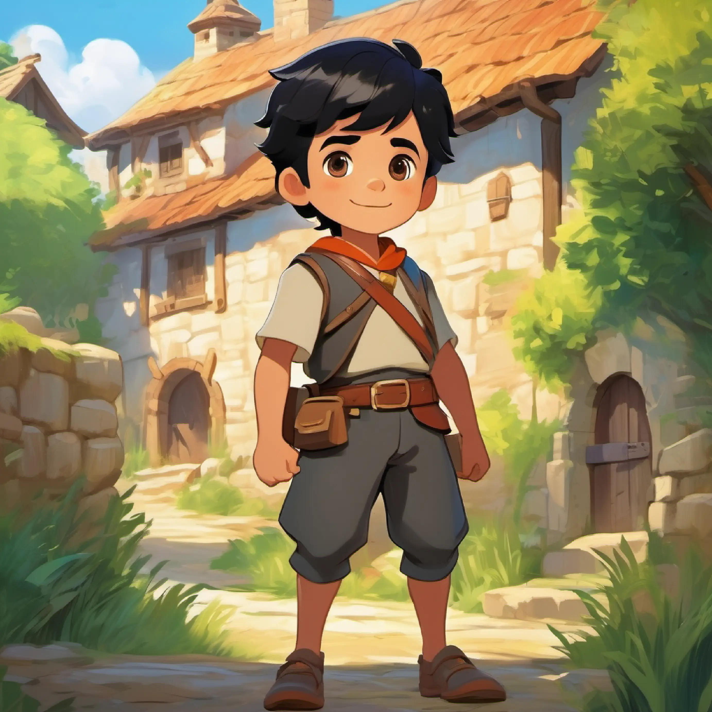 Introduction of hero Brave young hero, short black hair, kind brown eyes, in an ancient sunny village