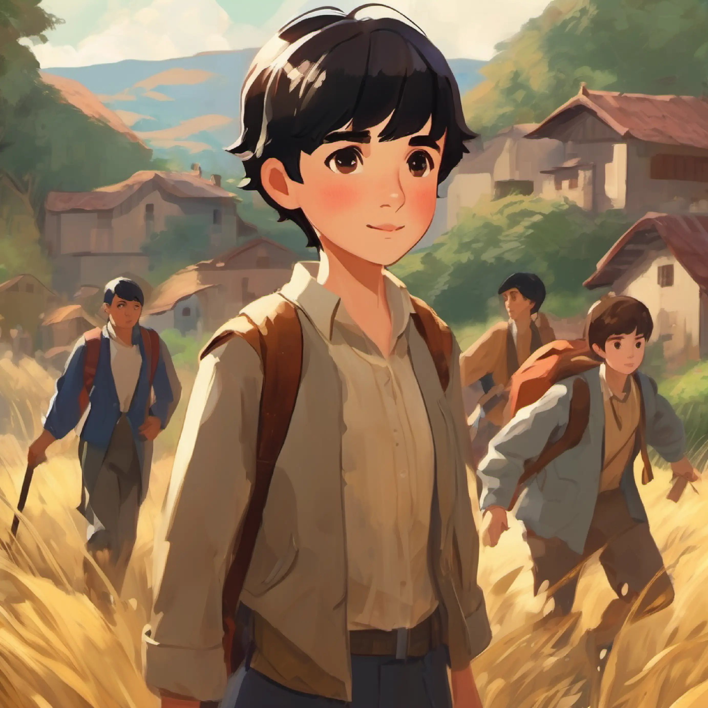 Various people, simple clothes, hopeful faces struggling, Brave young hero, short black hair, kind brown eyes decides to help