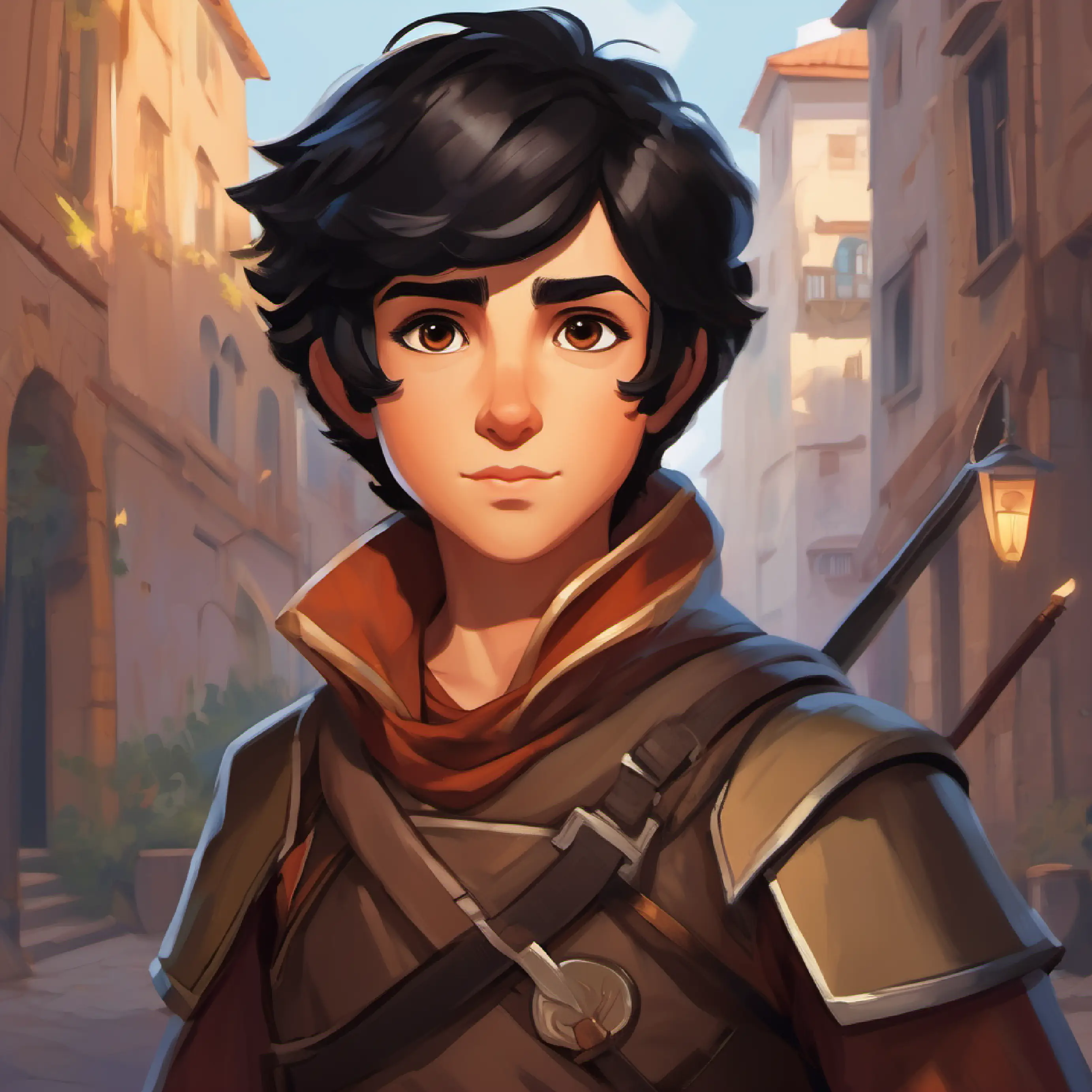 Brave young hero, short black hair, kind brown eyes meets allies: ex-thief, sage, and warrior