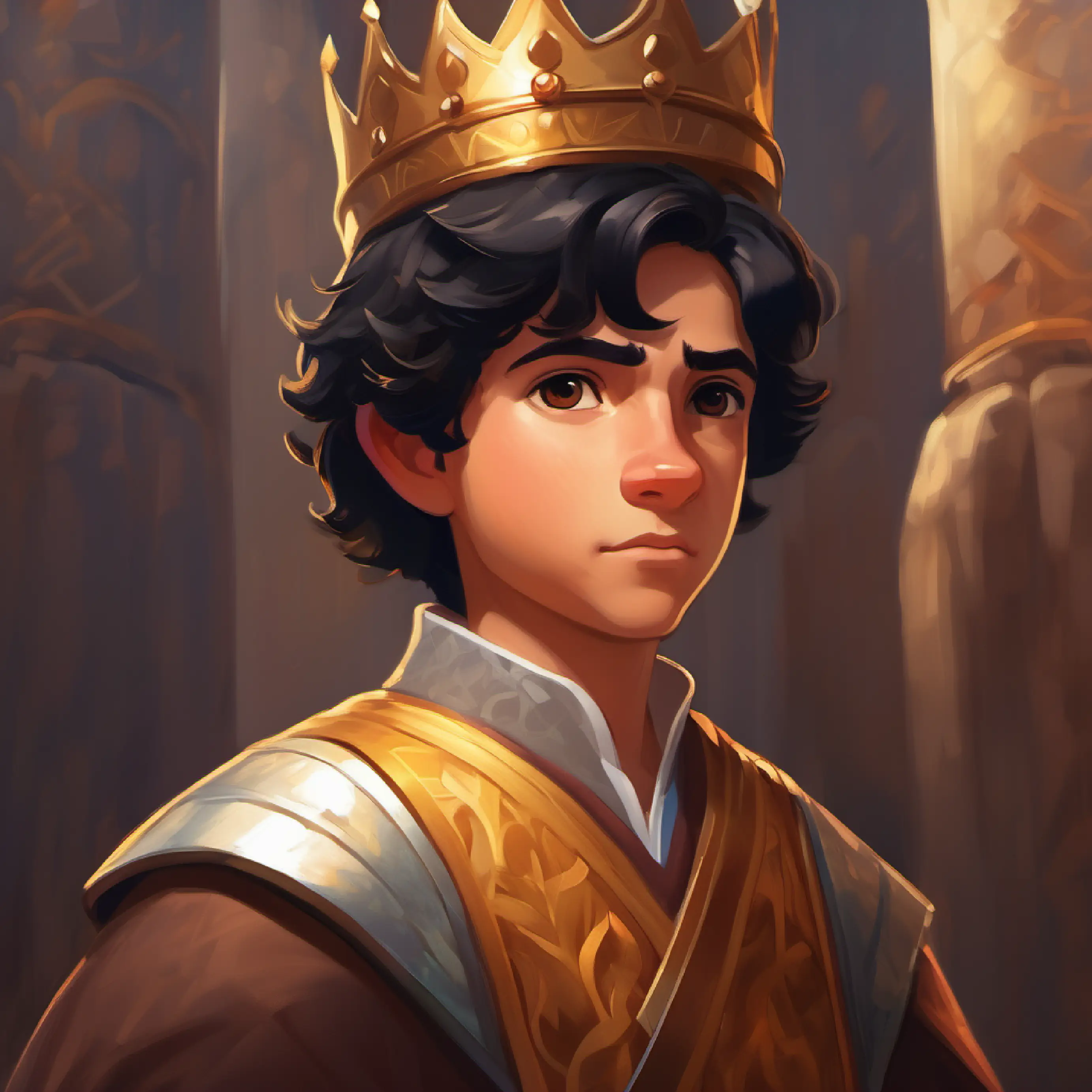 Brave young hero, short black hair, kind brown eyes presents evidence to the king