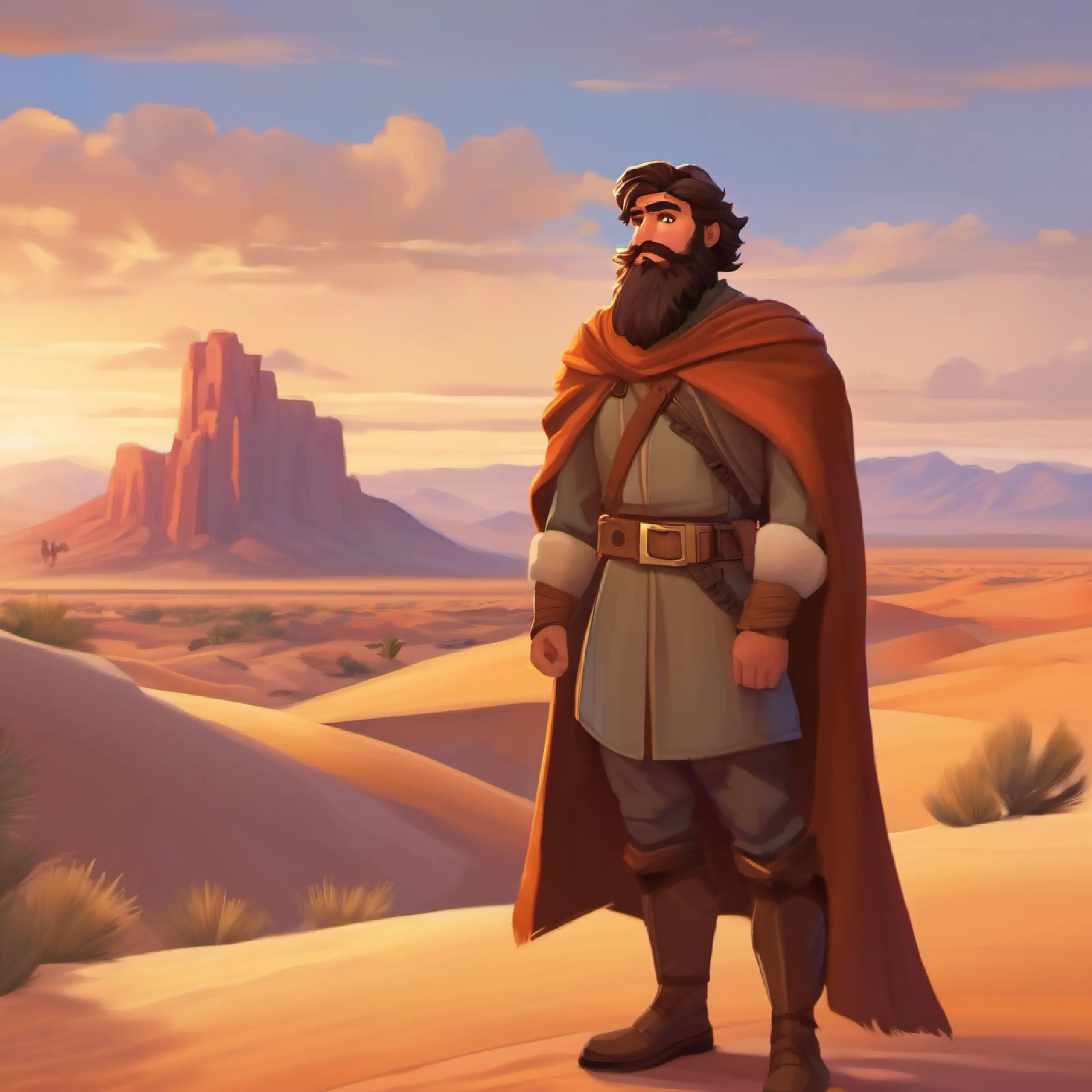 Introducing Brave, noble hero, tan skin, brown eyes, bearded in desert setting, beginning adventure.