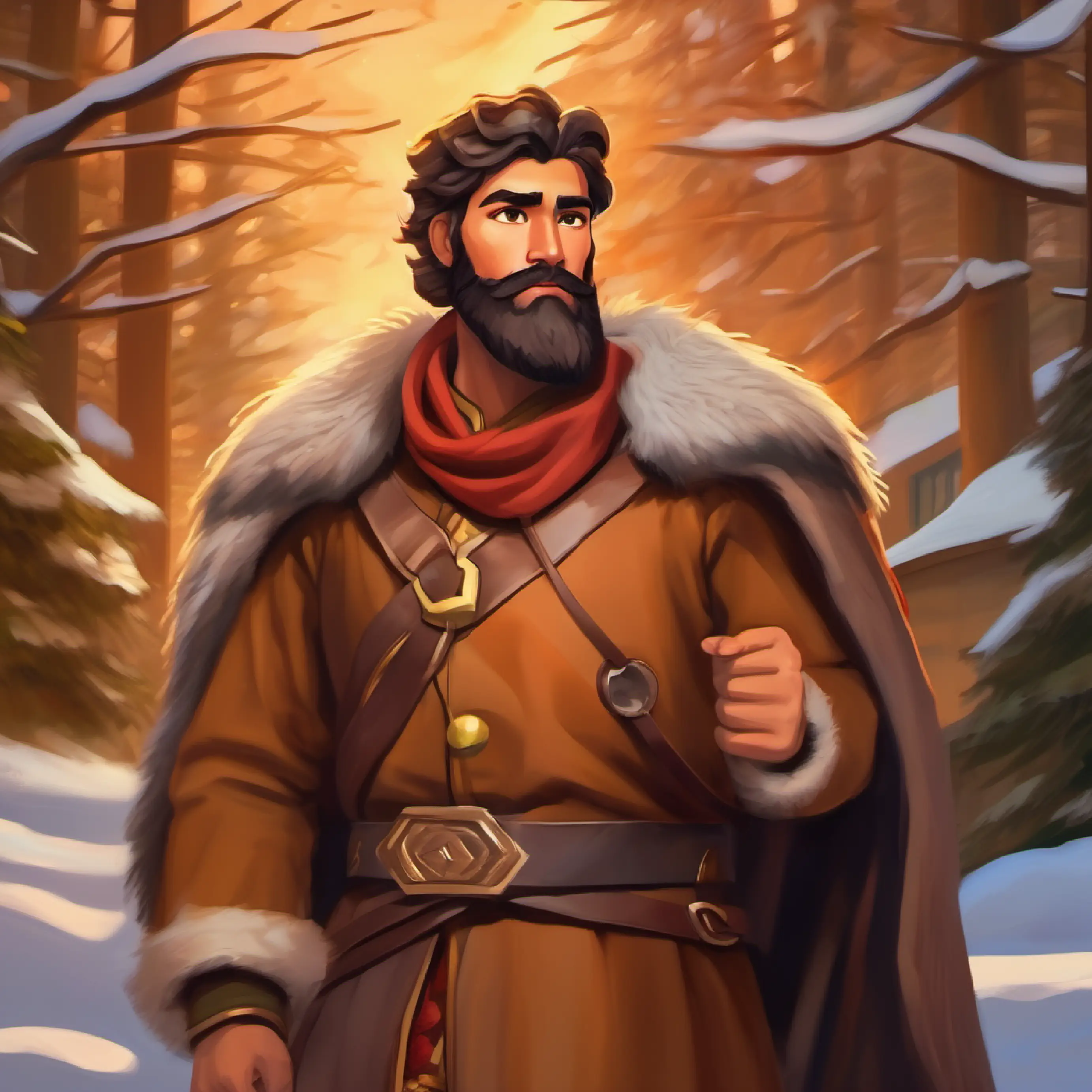 Brave, noble hero, tan skin, brown eyes, bearded's storytelling inspires his people, leading to prosperity.