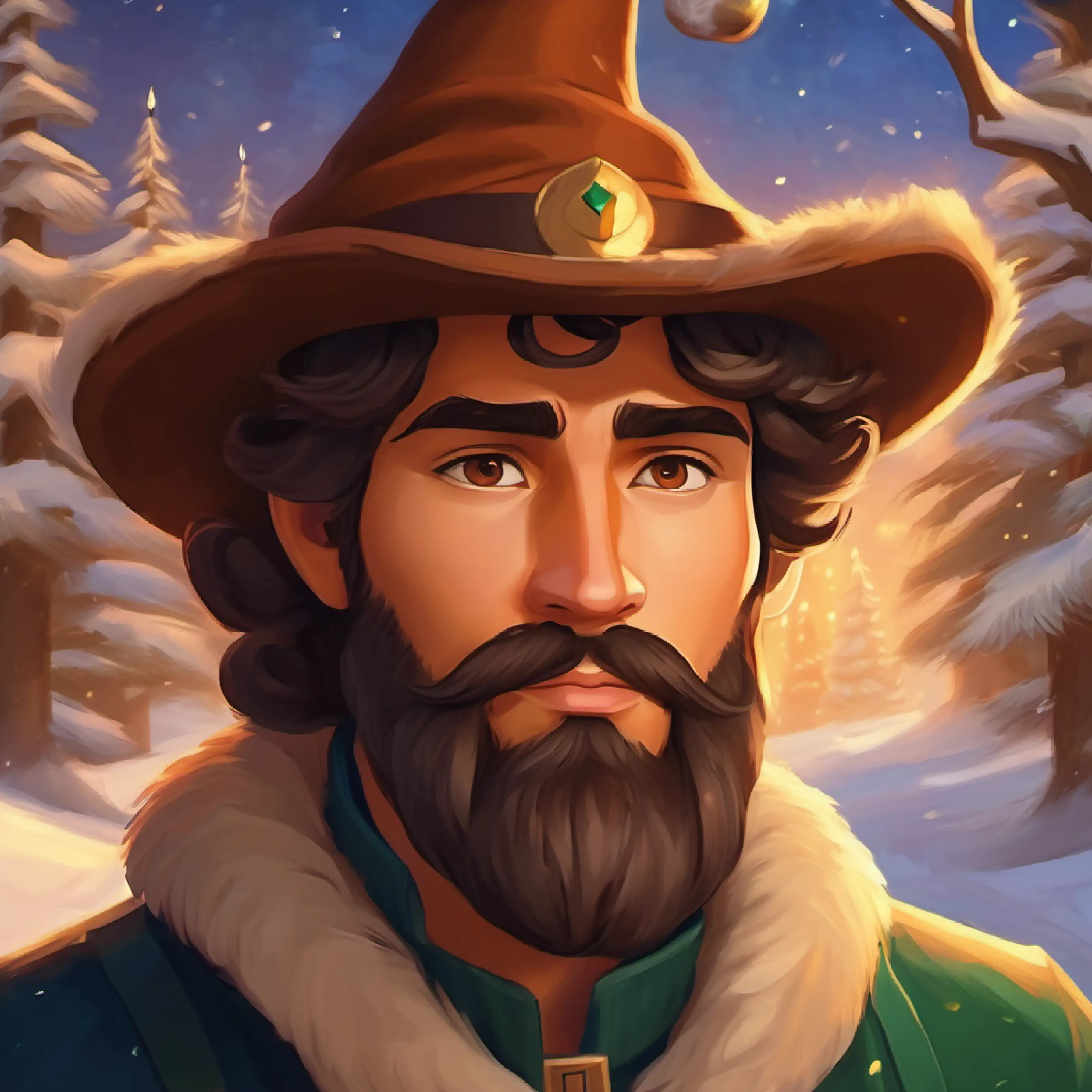 Brave, noble hero, tan skin, brown eyes, bearded solves the riddle, magical path revealed.