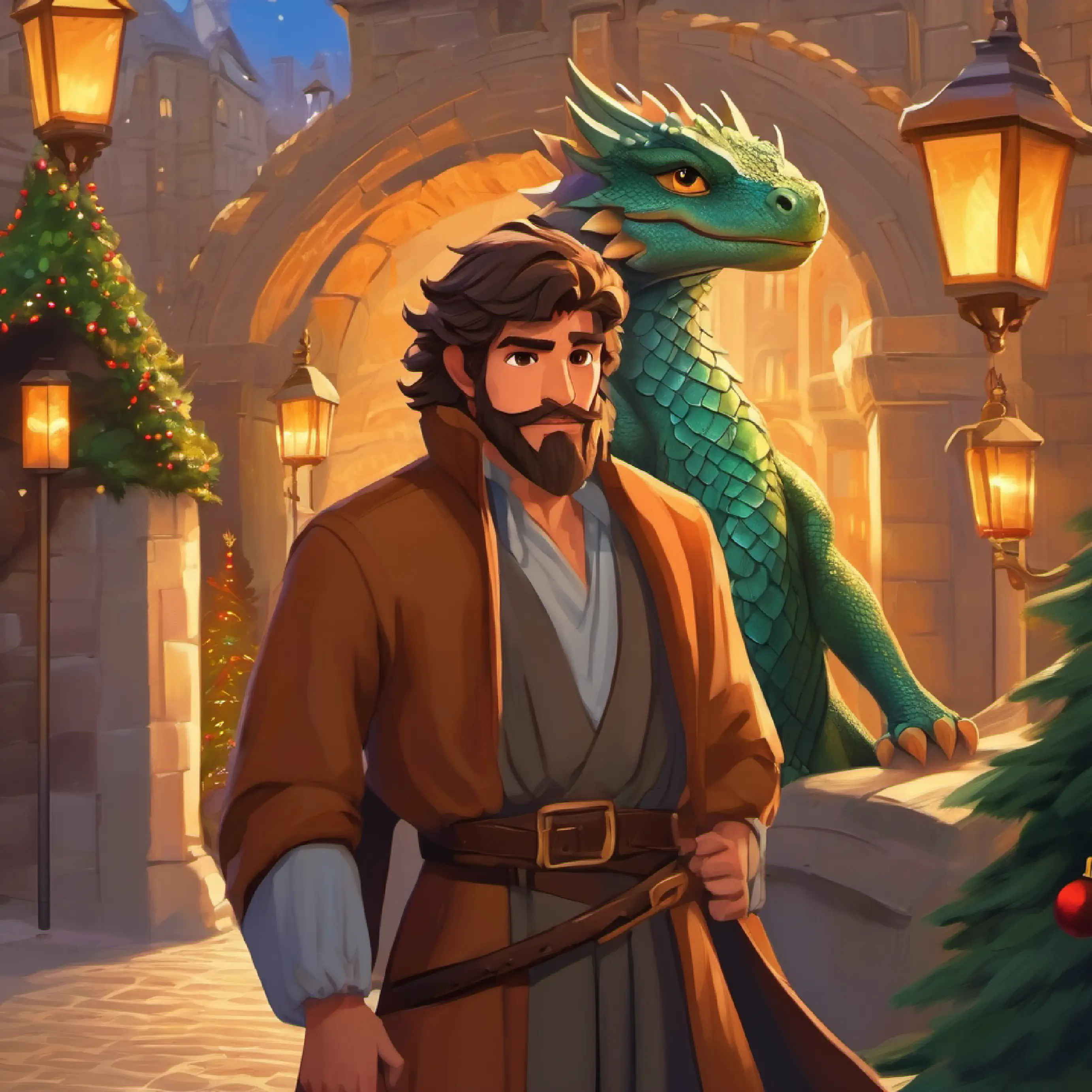 Brave, noble hero, tan skin, brown eyes, bearded faces a dragon at the city gates.