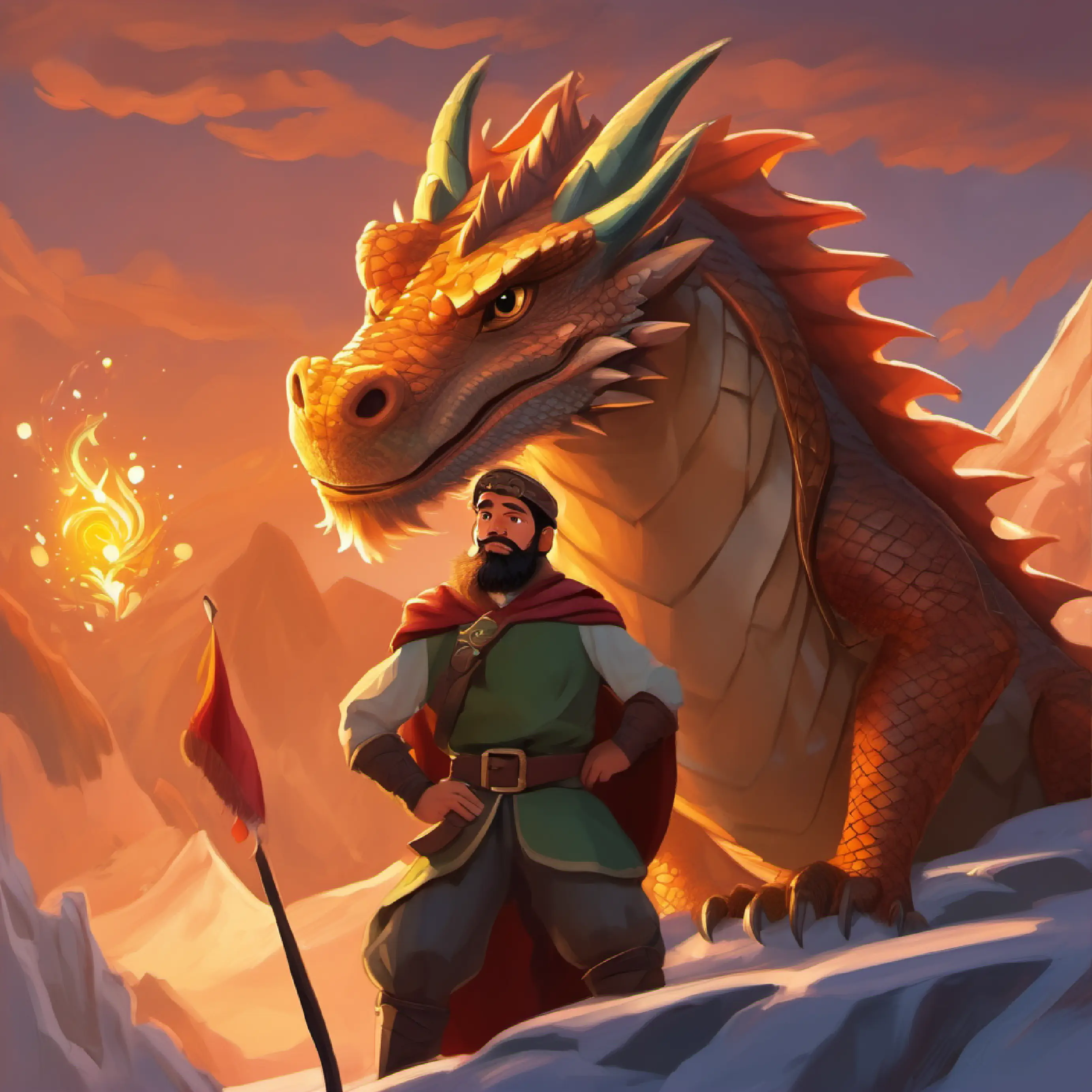 Brave, noble hero, tan skin, brown eyes, bearded earns the dragon's respect with his tales.