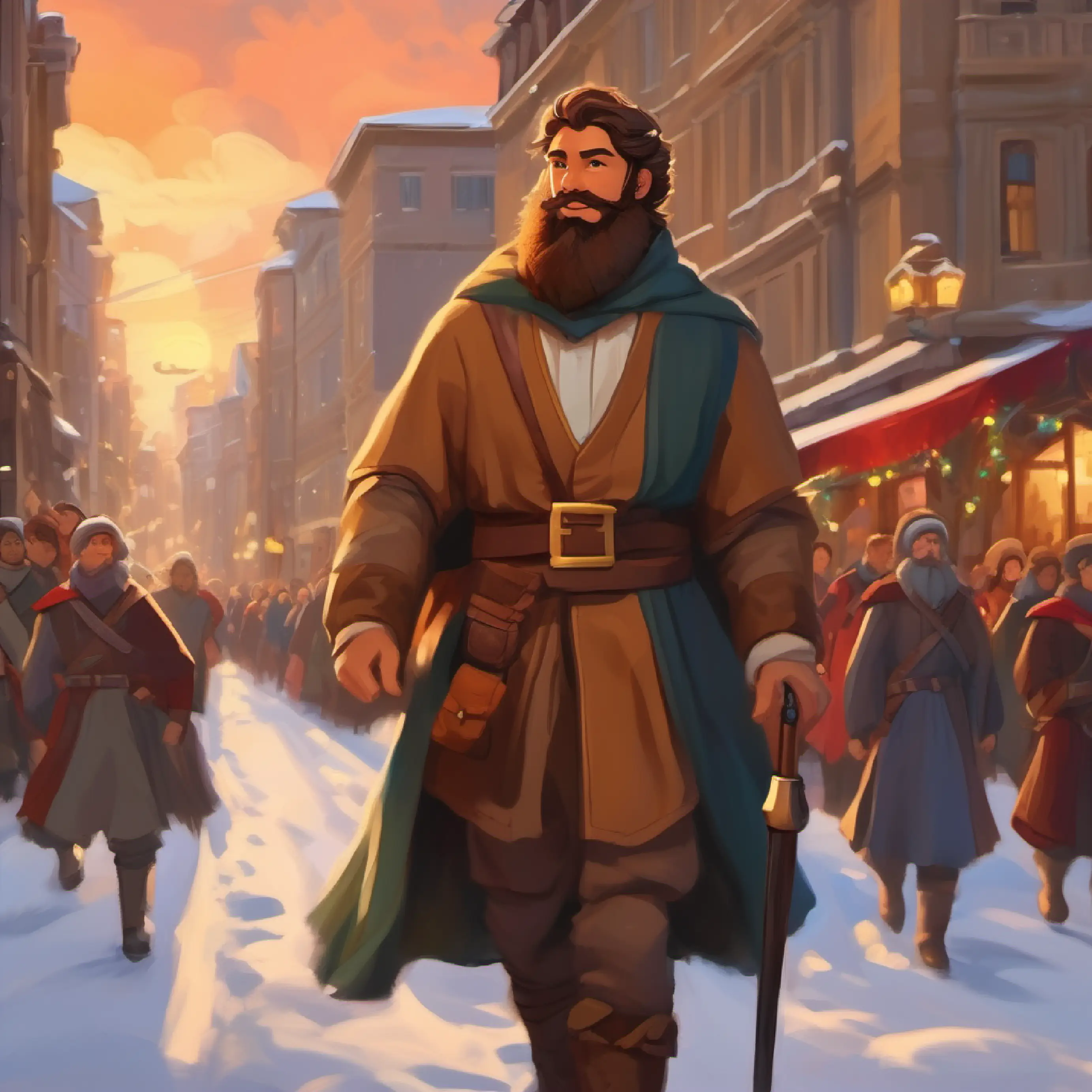 Brave, noble hero, tan skin, brown eyes, bearded enters the city and meets scholars.