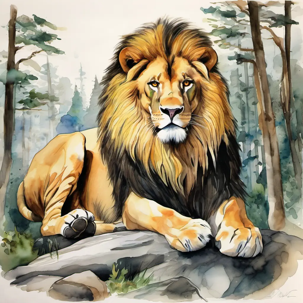 In a dense forest, the A big and powerful lion with a golden mane and fierce amber eyes, with a golden mane, sat on a rock, while other animals watched nervously.