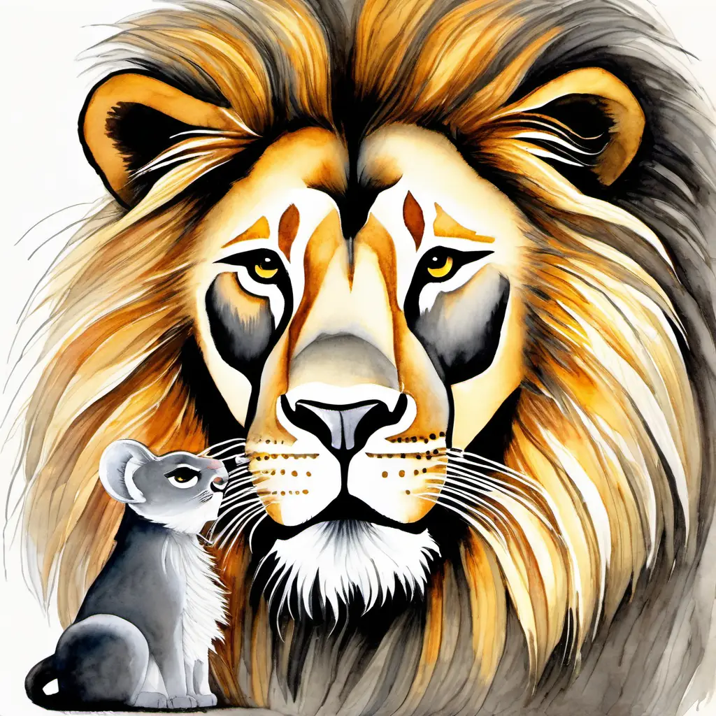 The A big and powerful lion with a golden mane and fierce amber eyes, now intrigued, listens attentively as the little A tiny mouse with soft grey fur, bright black eyes, and nimble paws, with her soft grey fur and bright black eyes, shares her plan.