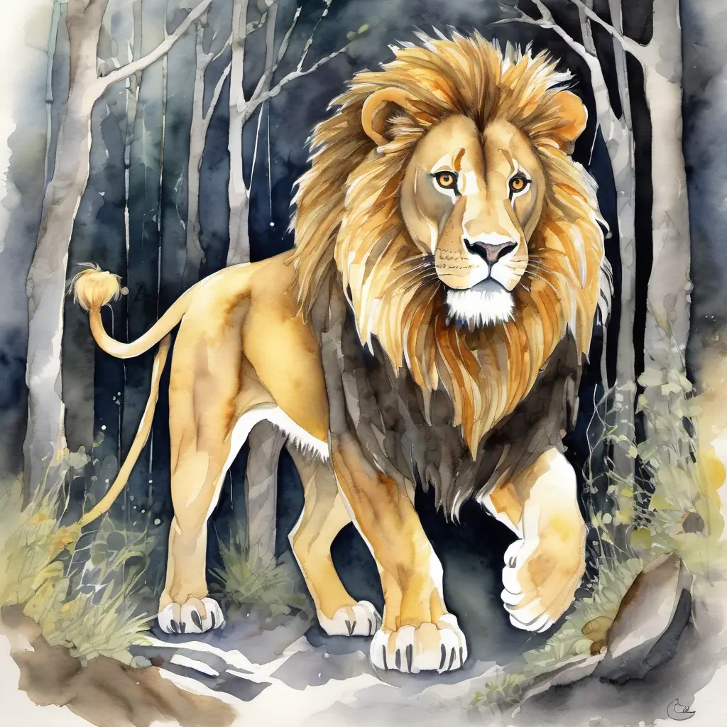 In a distant part of the forest, the A big and powerful lion with a golden mane and fierce amber eyes, struggling to break free from a hunter's net, watches as the A tiny mouse with soft grey fur, bright black eyes, and nimble paws, with quick nibbling teeth and nimble movements, works to set him free.