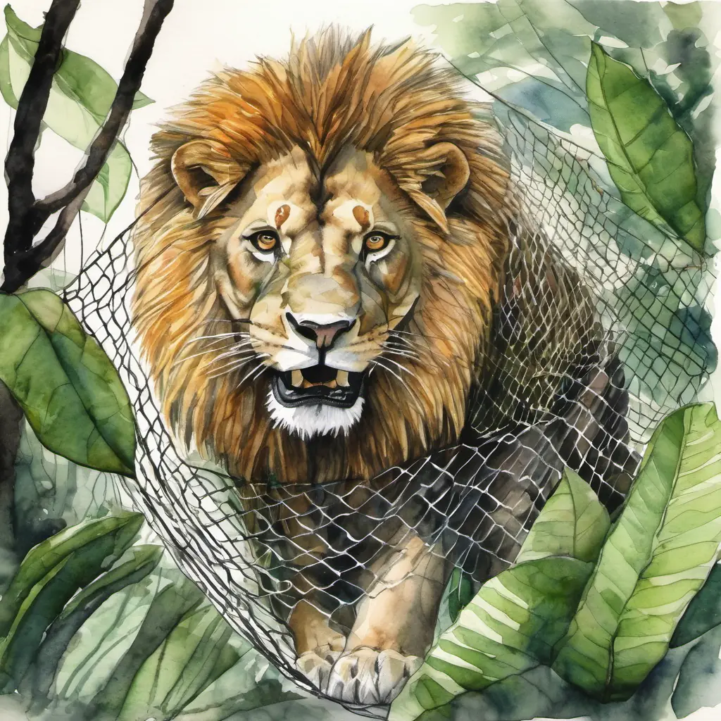 Angry lion wrapped in a net in the jungle