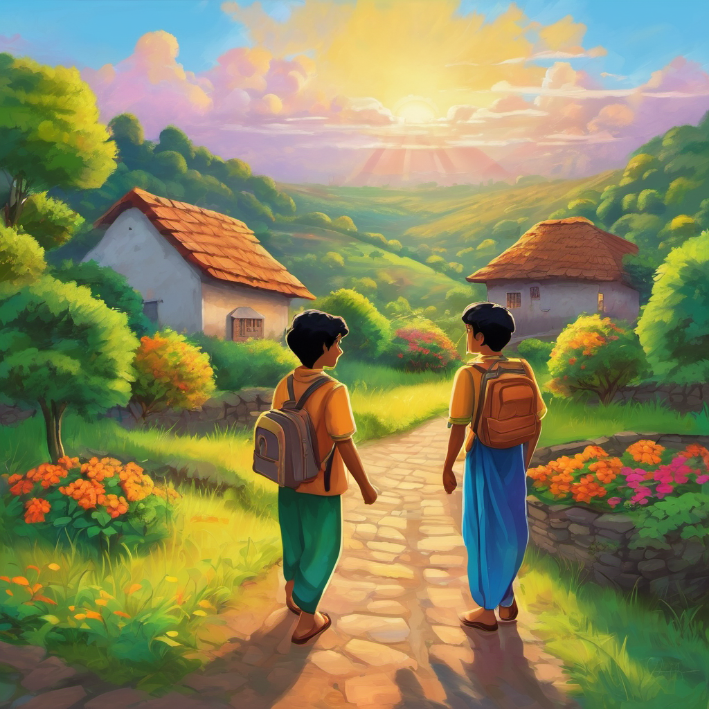 Once upon a time, in a small village called Harmonyville, lived two best friends named Rahul and Ramesh. They were inseparable and had known each other since they were little children. Their friendship was as sturdy as a castle and as colorful as a rainbow. Rahul and Ramesh were quite different in many ways. Rahul was an intelligent and caring young lad, always ready to lend a helping hand. He had a passion for music and played the guitar with sheer brilliance. On the other hand, Ramesh was a witty and fun-loving guy. He had an artistic side and loved to paint magnificent landscapes that seemed to come alive on the canvas.