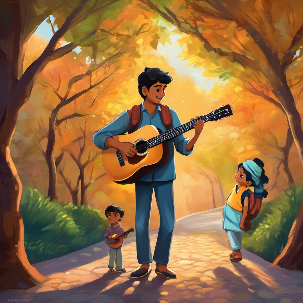 Excitement sparkled in their eyes as Rahul picked up a guitar, while Ramesh grabbed a brush and palette. They both knew right away that this was a place where they could nurture their talents and bring happiness to others. Days and weeks passed, as Rahul strummed melodies on his guitar while Ramesh painted vibrant stories on his canvas. They poured their hearts into their art, sharing ideas and lessons. The melody of Rahul’s guitar would dance gracefully with the rhythm of Ramesh's brush strokes, creating a symphony of friendship.
