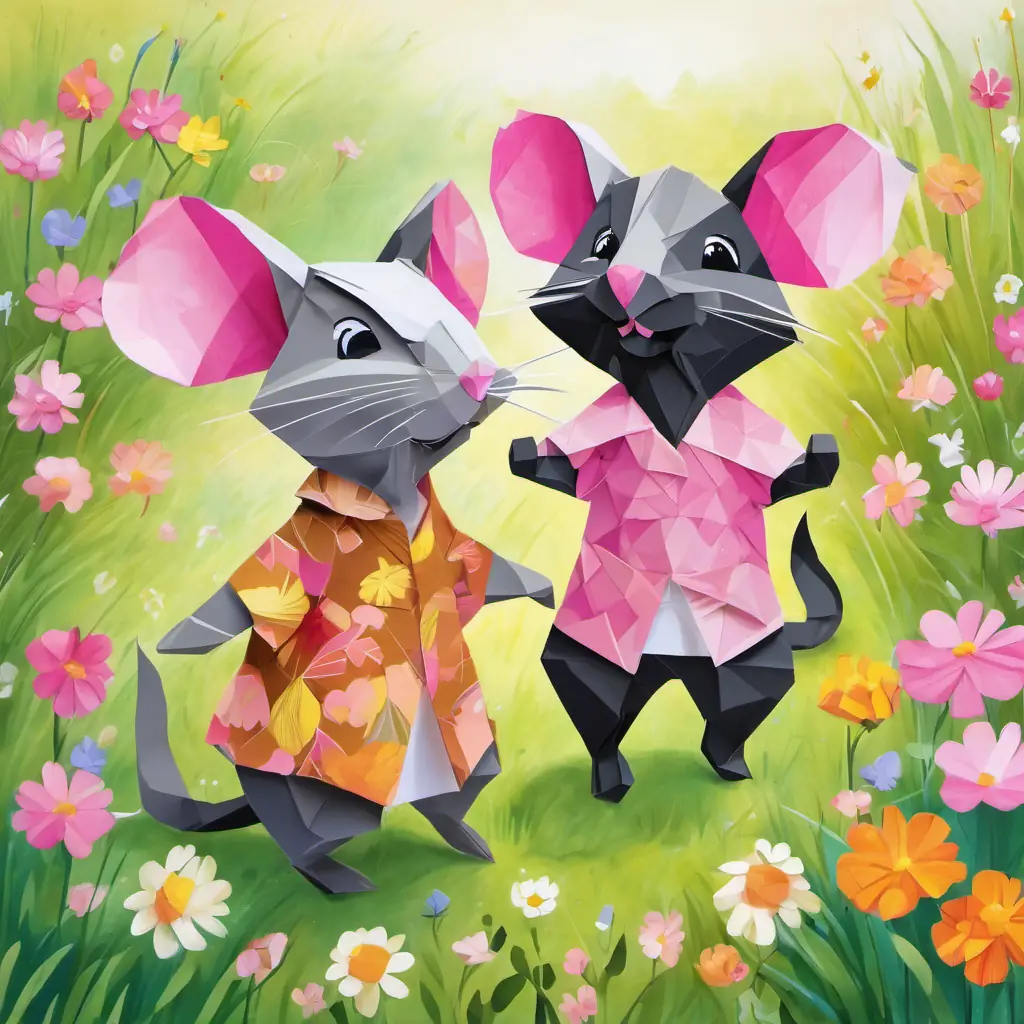 Brown fur, black eyes, happy and brave, always sticks with Grey fur, pink ears, giggly and friendly, loves exploring with Milo and Grey fur, pink ears, giggly and friendly, loves exploring with Milo are two little mice, happily nibbling on snacks in a sunny meadow with colorful flowers.