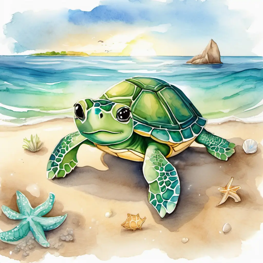 The story begins on a sandy beach, with the main character, baby turtle Baby turtle with green shell and bright eyes, always smiling, standing near the sparkling ocean.