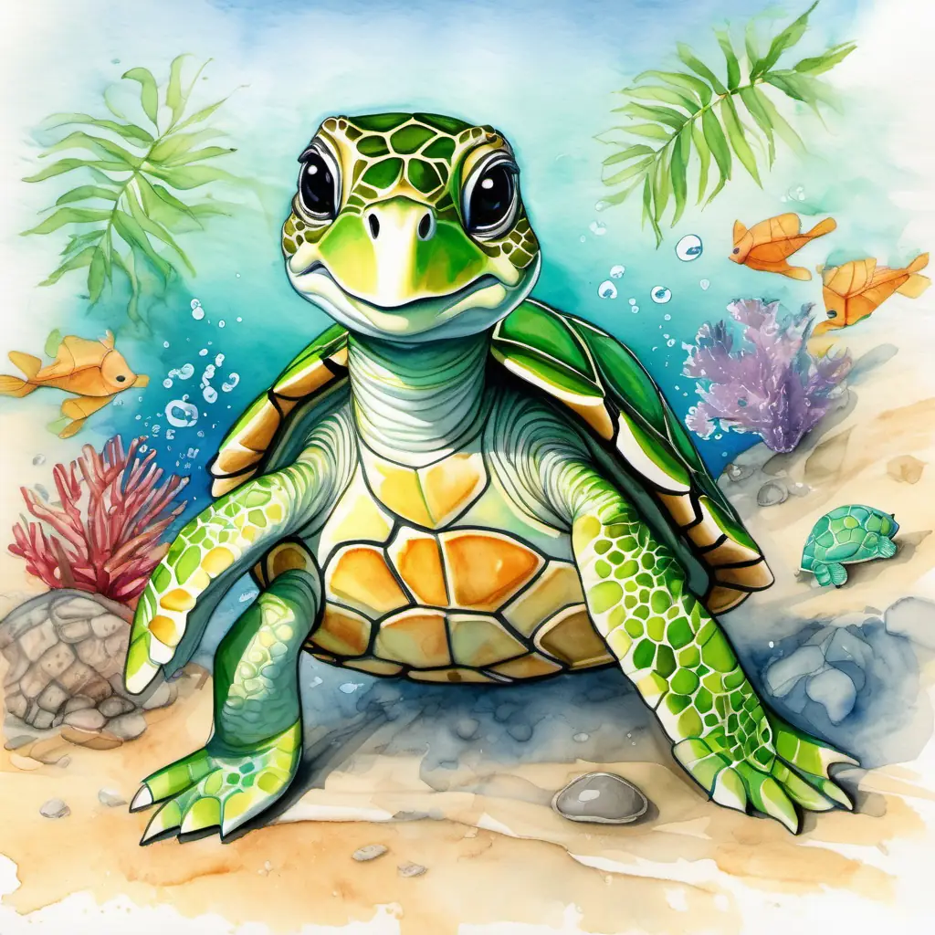 Baby turtle with green shell and bright eyes, always smiling and his friends are seen having regular clean-up events and spreading awareness about the importance of being responsible for preserving the ocean.