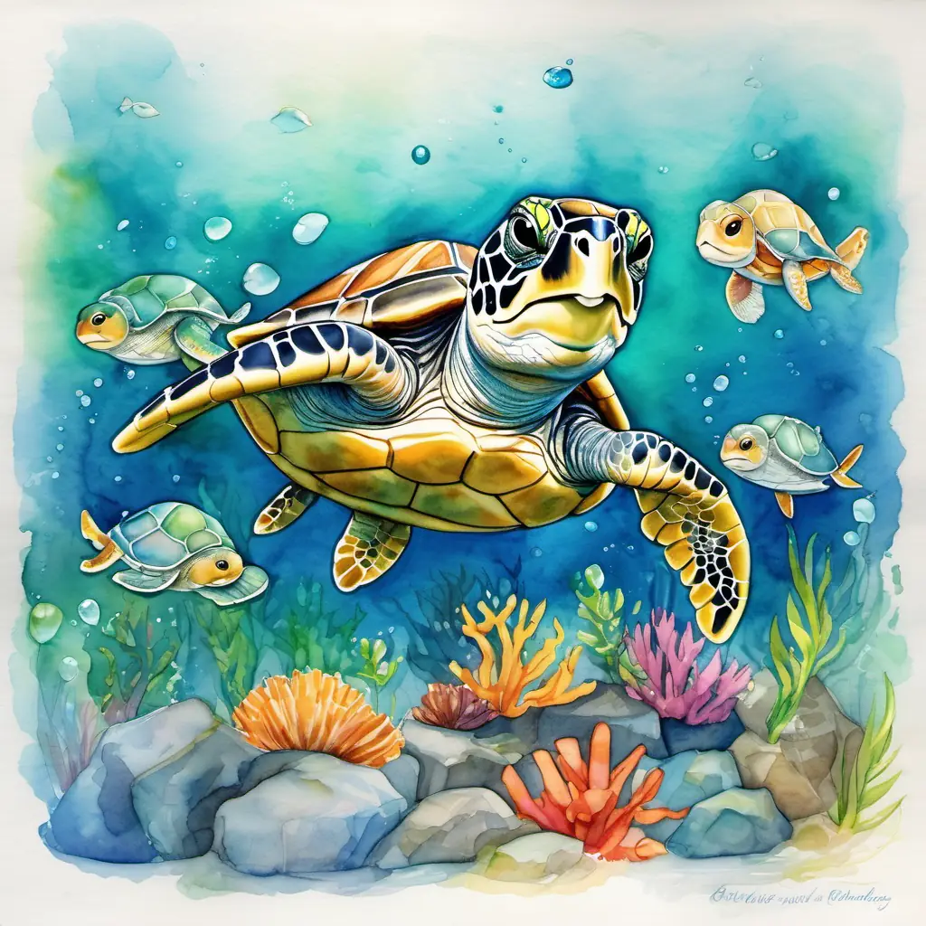 Baby turtle with green shell and bright eyes, always smiling is joined by other turtles, dolphins, and fish, forming 'The Guardians of the Sea' team to protect and preserve the ocean.