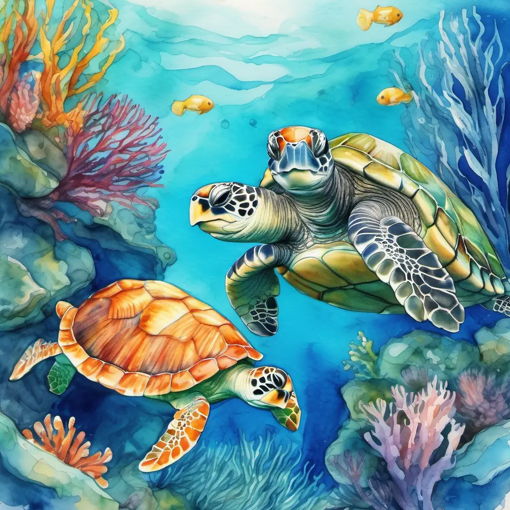 Baby turtle with green shell always smilling meeting ocean creature like octopus, dolphin, fish, coral reefs. together they are playing ang laughing in the deep blue sea