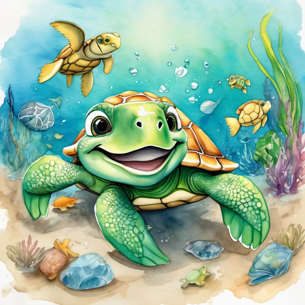 Baby turtle with green shell and bright eyes, always smiling is shown picking up trash and spreading awareness among his sea creature friends about preserving the ocean.