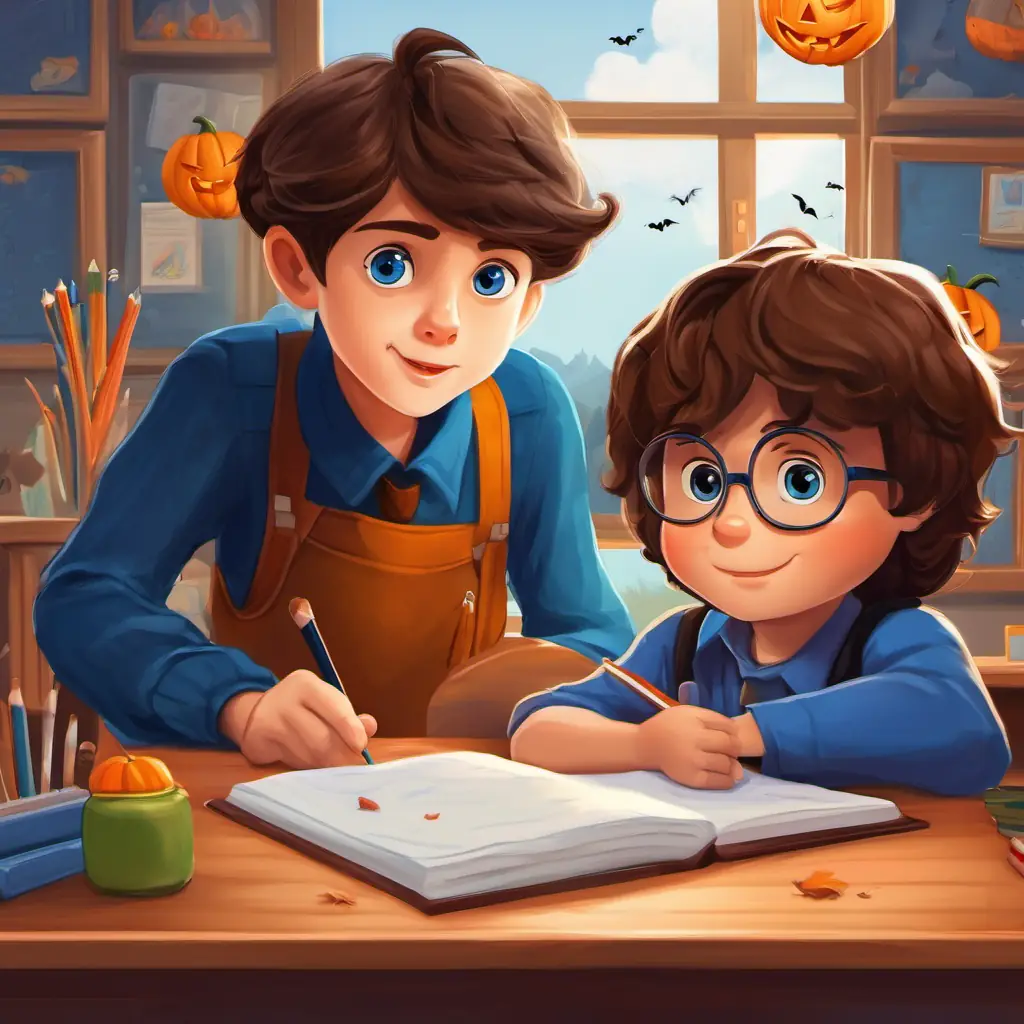 Timmy is a little boy with brown hair and blue eyes He is curious and loves going on adventures sitting at his desk in a classroom, with his teacher standing in front of the class.