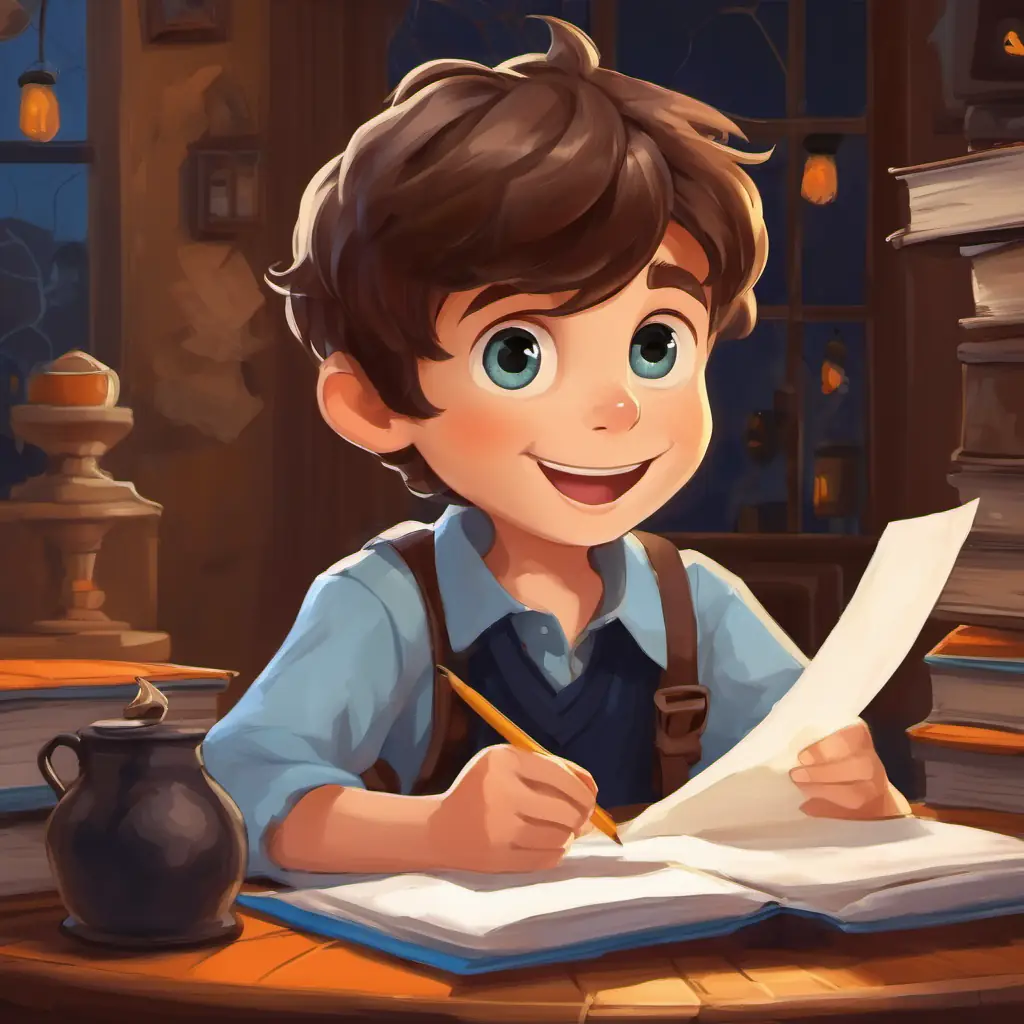 Timmy is a little boy with brown hair and blue eyes He is curious and loves going on adventures handing his test paper to his teacher, with a big smile on his face.