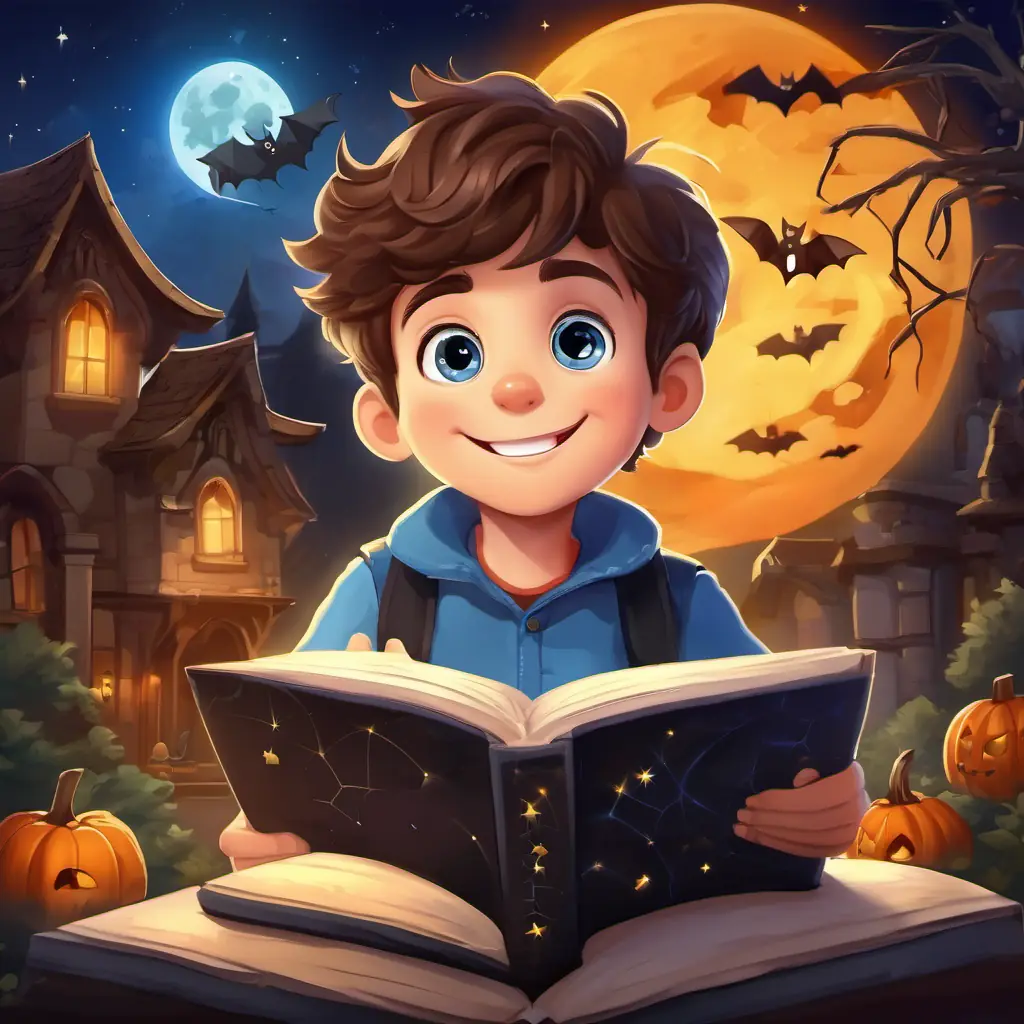 Timmy is a little boy with brown hair and blue eyes He is curious and loves going on adventures holding his test paper with a big smile, surrounded by stars and a thumbs-up.