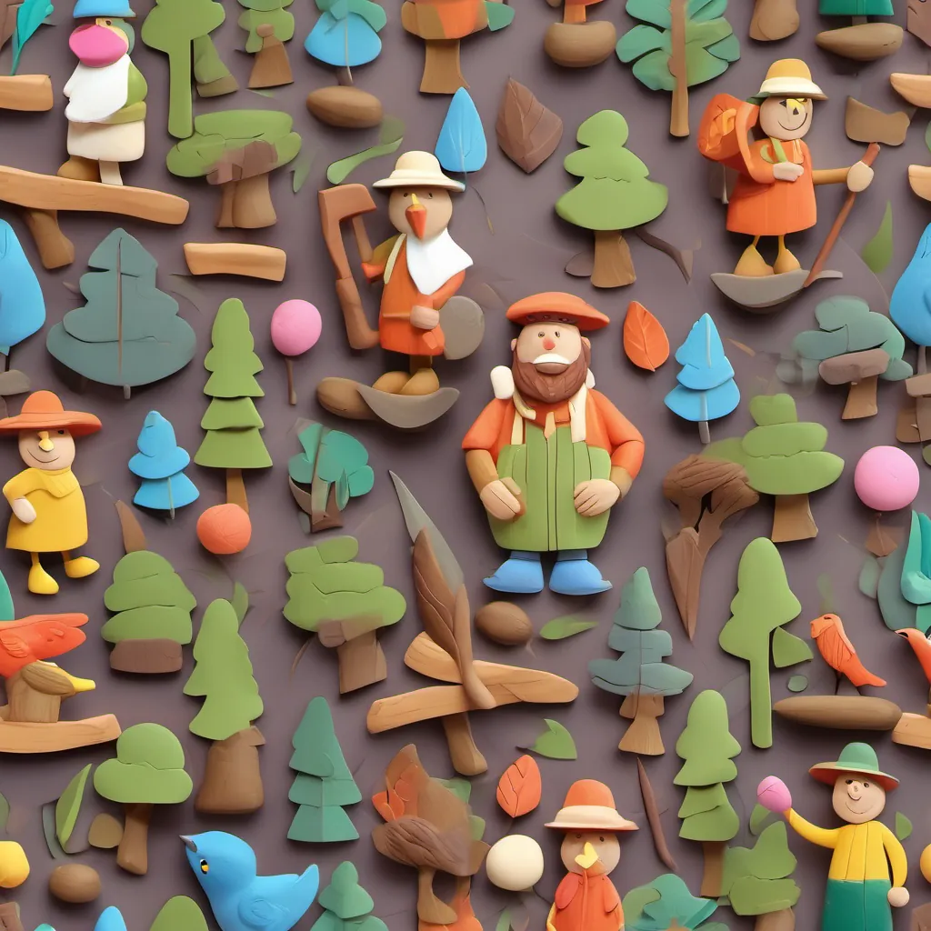 Illustration of a cheerful woodcutter named Illustration of a cheerful woodcutter with a hat and an axe, dressed in earthy colors, exudes a warm and kind persona with a hat, standing in a sunny forest clearing, surrounded by colorful birds and trees.