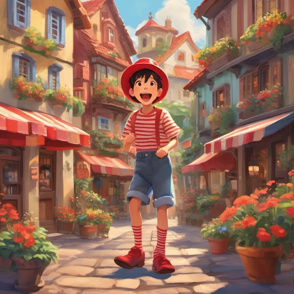 A cheerful young boy with striped socks and a floppy red hat, singing joyfully in a colorful, lively town setting.