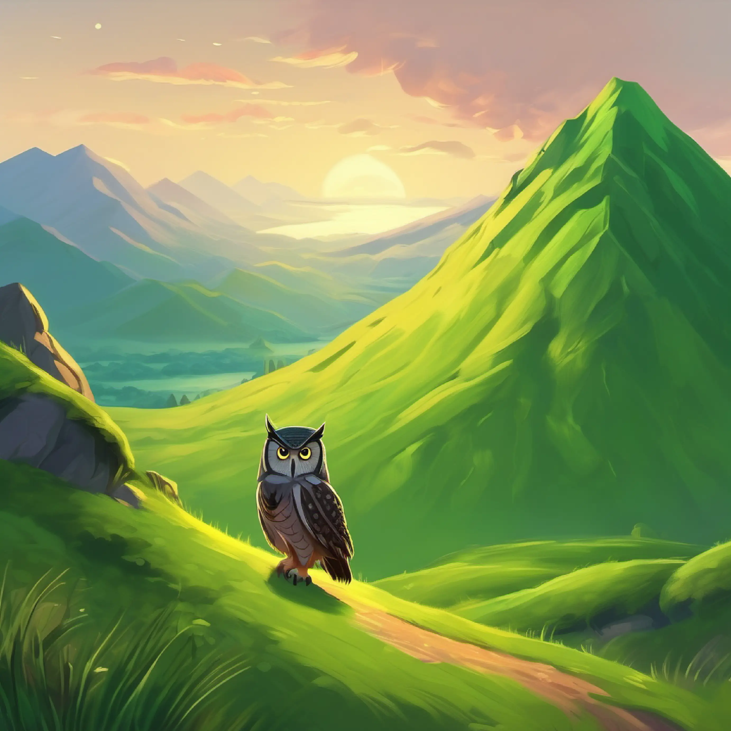 The owl approaches A small green mountain, humble in size