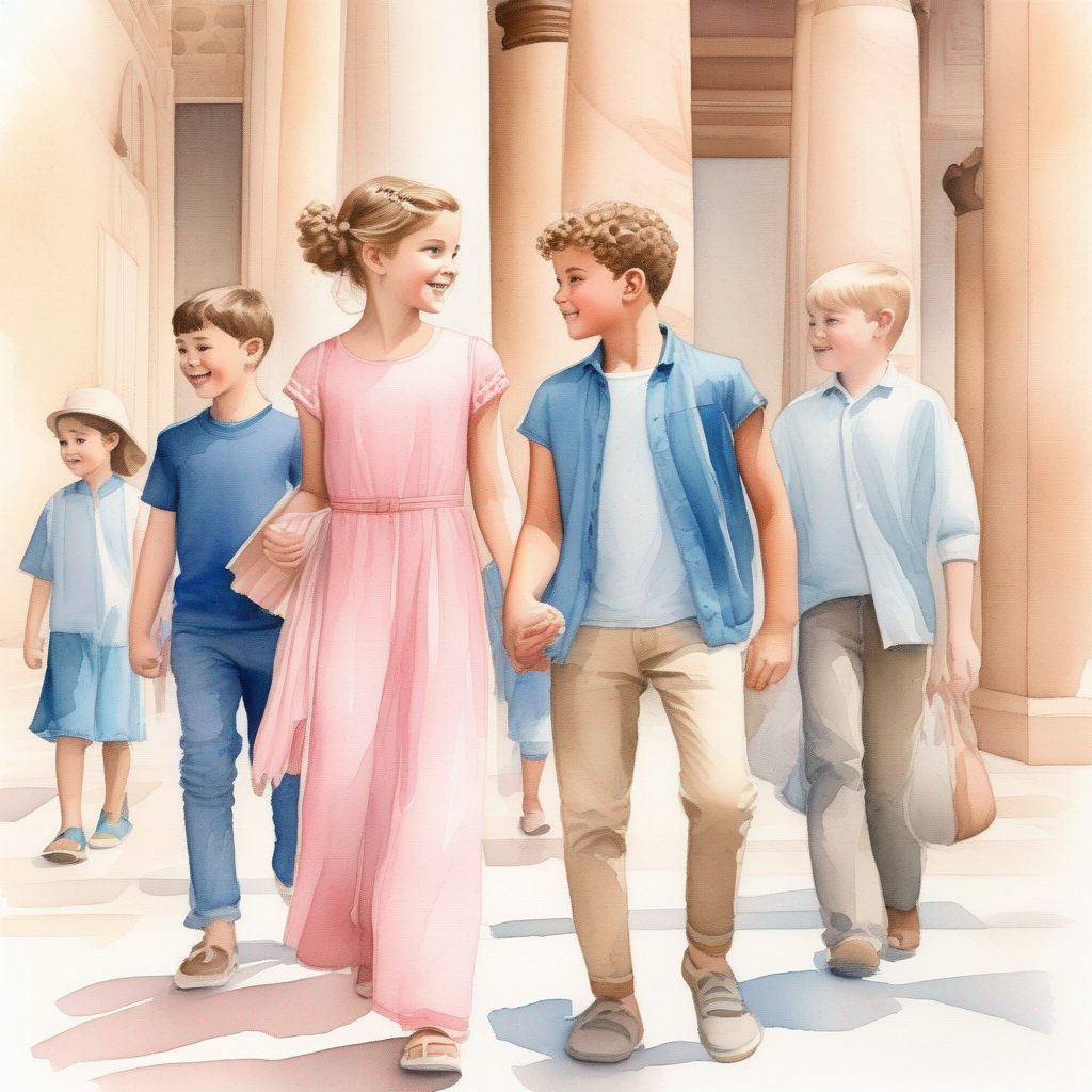 Sarah - a girl with curly brown hair wearing a pink dress and Adam - a boy with short blond hair wearing a blue t-shirt entering the Egyptian Museum with their guide