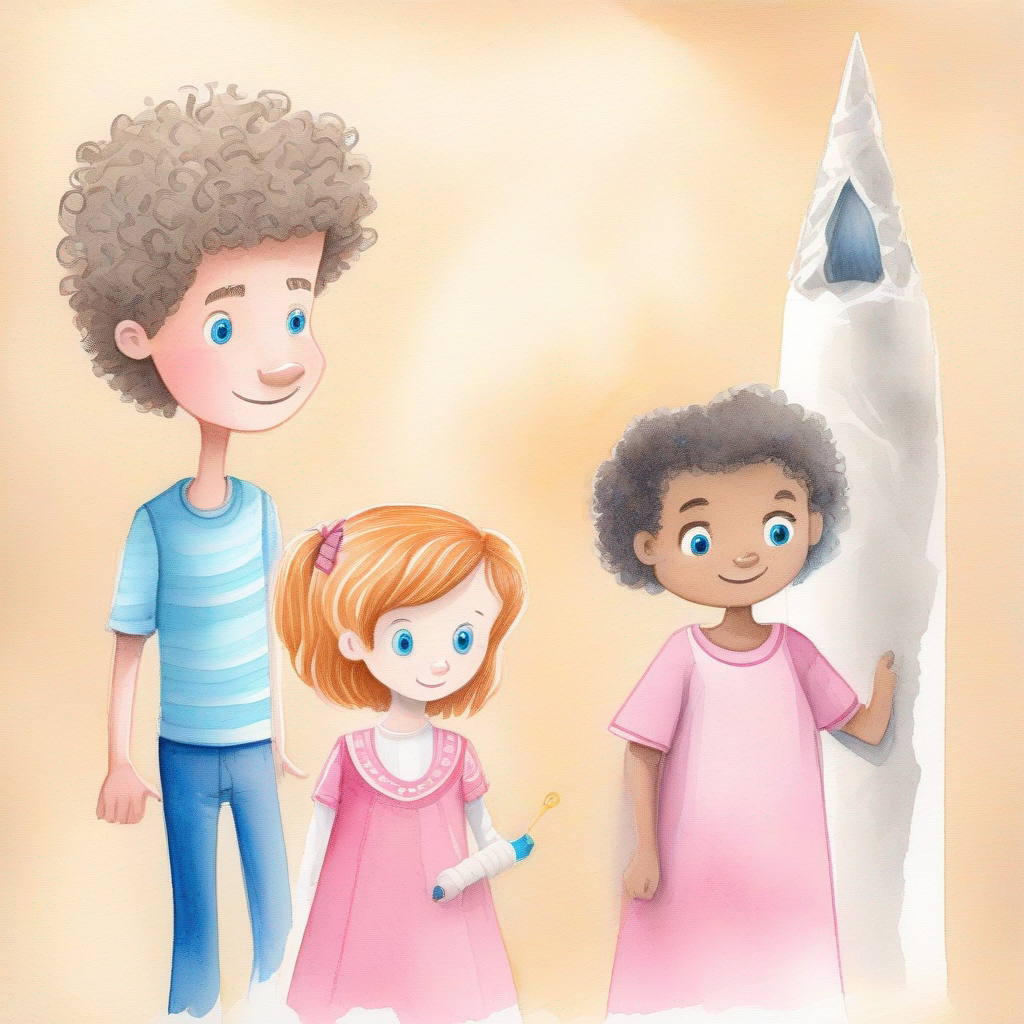 Sarah - a girl with curly brown hair wearing a pink dress and Adam - a boy with short blond hair wearing a blue t-shirt learning about mummification from Mr. Ahmed