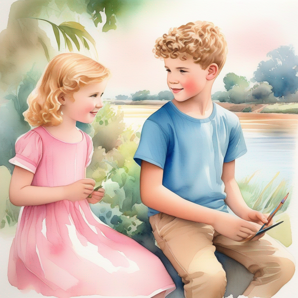 Sarah - a girl with curly brown hair wearing a pink dress and Adam - a boy with short blond hair wearing a blue t-shirt observing a painting of farmers near the Nile River