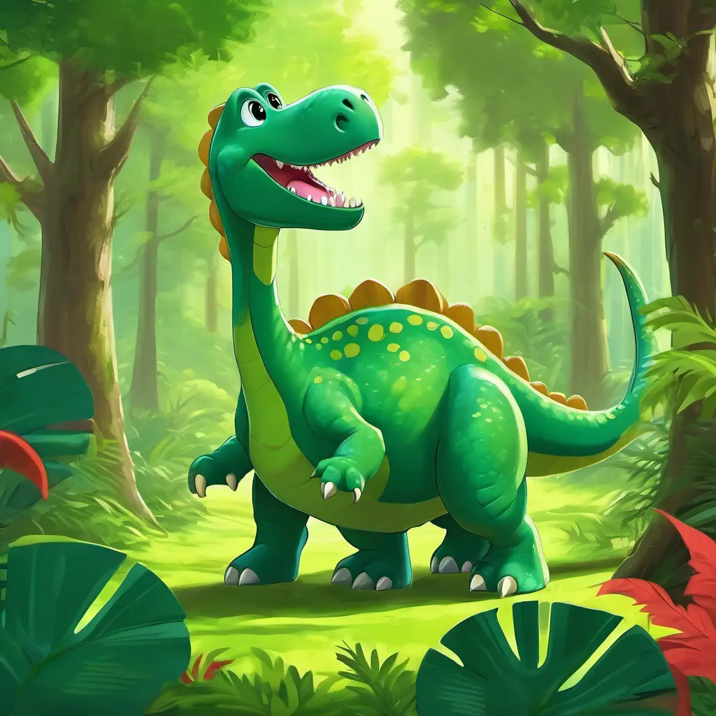 Huge, green dinosaur with a long neck and a big smile, a friendly dinosaur with a big smile, playing with his friends in the lush green forest