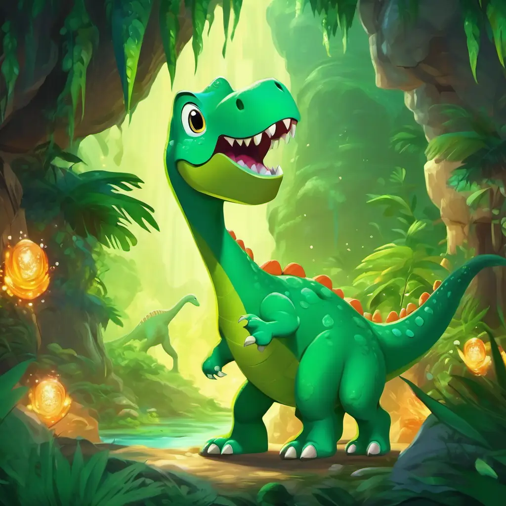 Huge, green dinosaur with a long neck and a big smile and his friends exploring the enchanted cave with sparkling crystals and mysterious sounds