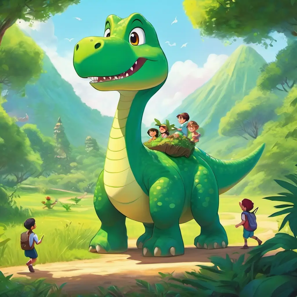 Huge, green dinosaur with a long neck and a big smile and his friends helping the tiny glowing fairies find their way home to the magical meadow