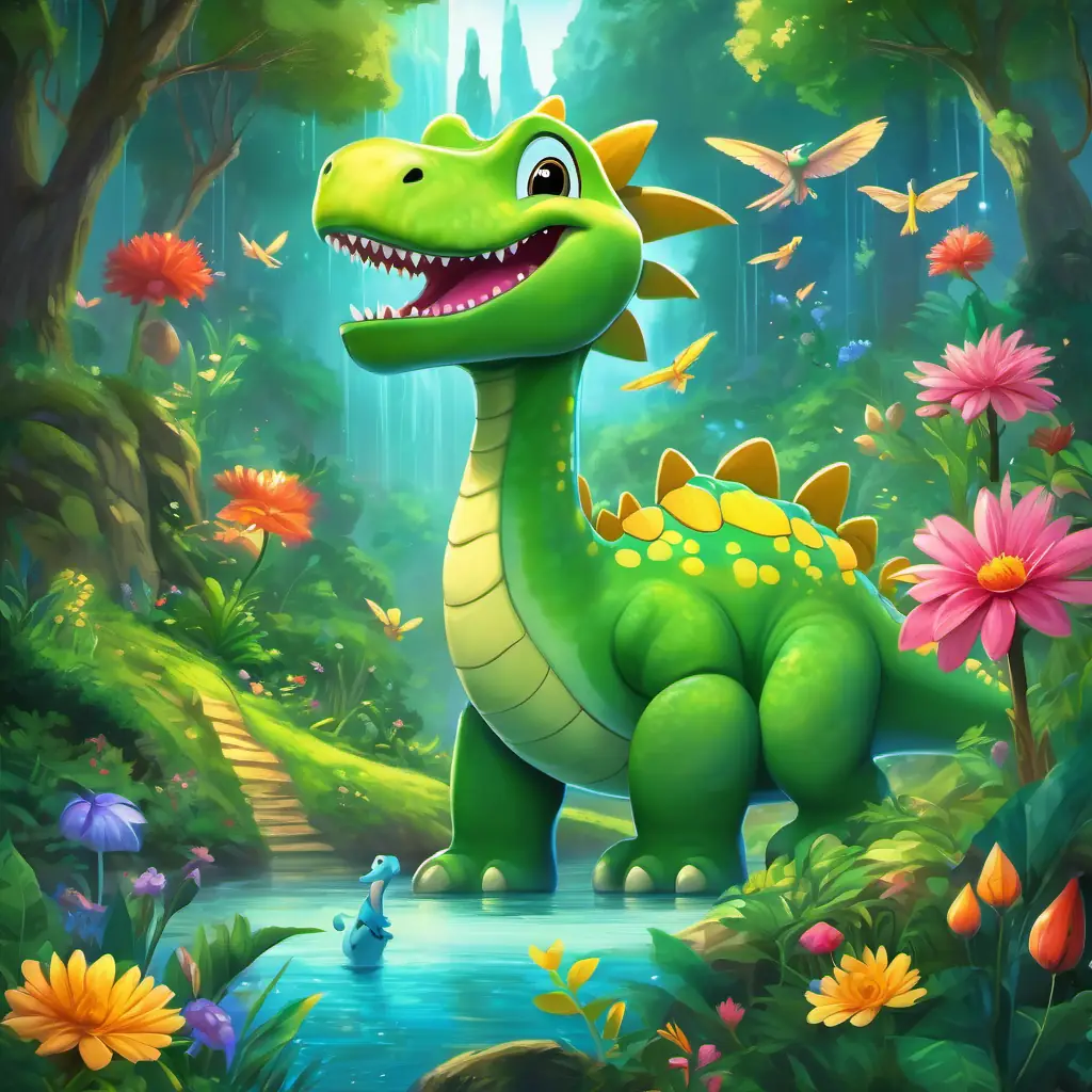 Huge, green dinosaur with a long neck and a big smile and his friends guiding the fairies through the dark forest to the magical meadow filled with sparkling waterfalls, colorful flowers, and singing birds