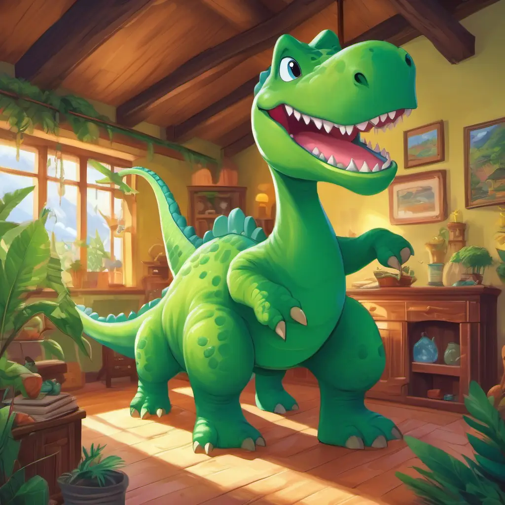 Huge, green dinosaur with a long neck and a big smile and his friends becoming protectors of magical creatures, living happily in their beautiful home