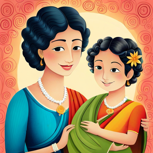 A cheerful mother with wavy hair, wearing a colorful saree, a cheerful mother with wavy hair, wearing a colorful saree.