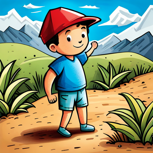 A curious little boy wearing a red cap and backpack, with his head held high, wearing a blue t-shirt and shorts.