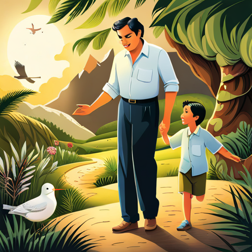 The A tall and jolly father with a twinkle in his eye family, hand-in-hand, surrounded by lush greenery and chirping birds.