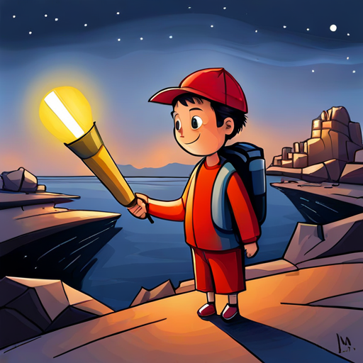 A curious little boy wearing a red cap and backpack, determined and fearless, holding a shiny flashlight.