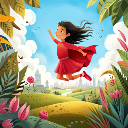 A brave girl with a pink dress and a mischievous smile, jumping with joy, wearing her adventurous spirit like a superhero cape.