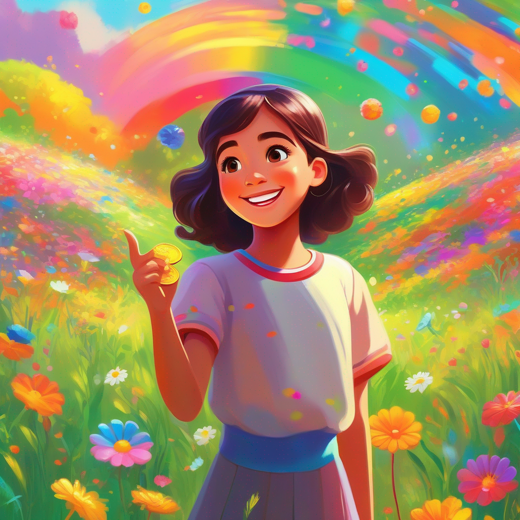 الامانة - a girl who always tells the truth, wearing a colorful and honest smile. picking up a shiny coin in a colorful meadow.