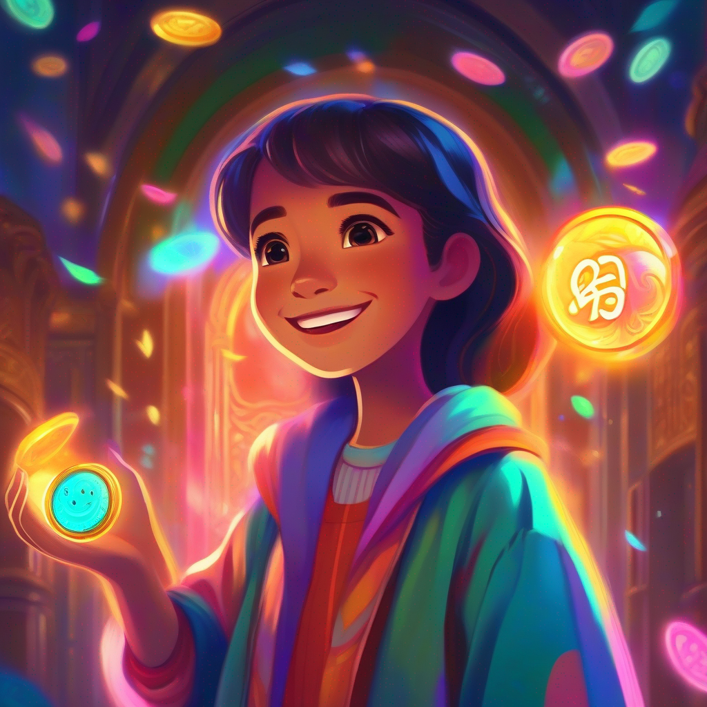 الامانة - a girl who always tells the truth, wearing a colorful and honest smile. holding the glowing coin, surrounded by a magical glow.