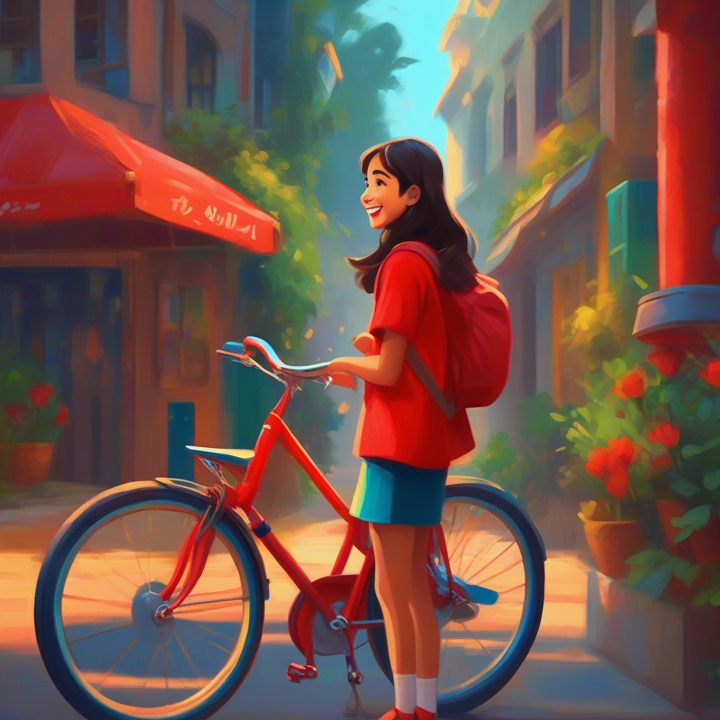 الامانة - a girl who always tells the truth, wearing a colorful and honest smile. standing next to a red bicycle, looking amazed.