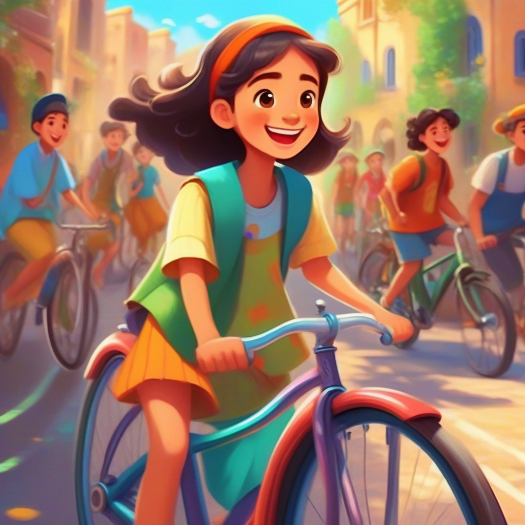 الامانة - a girl who always tells the truth, wearing a colorful and honest smile. riding her bicycle, smiling, while others look for their lost items.