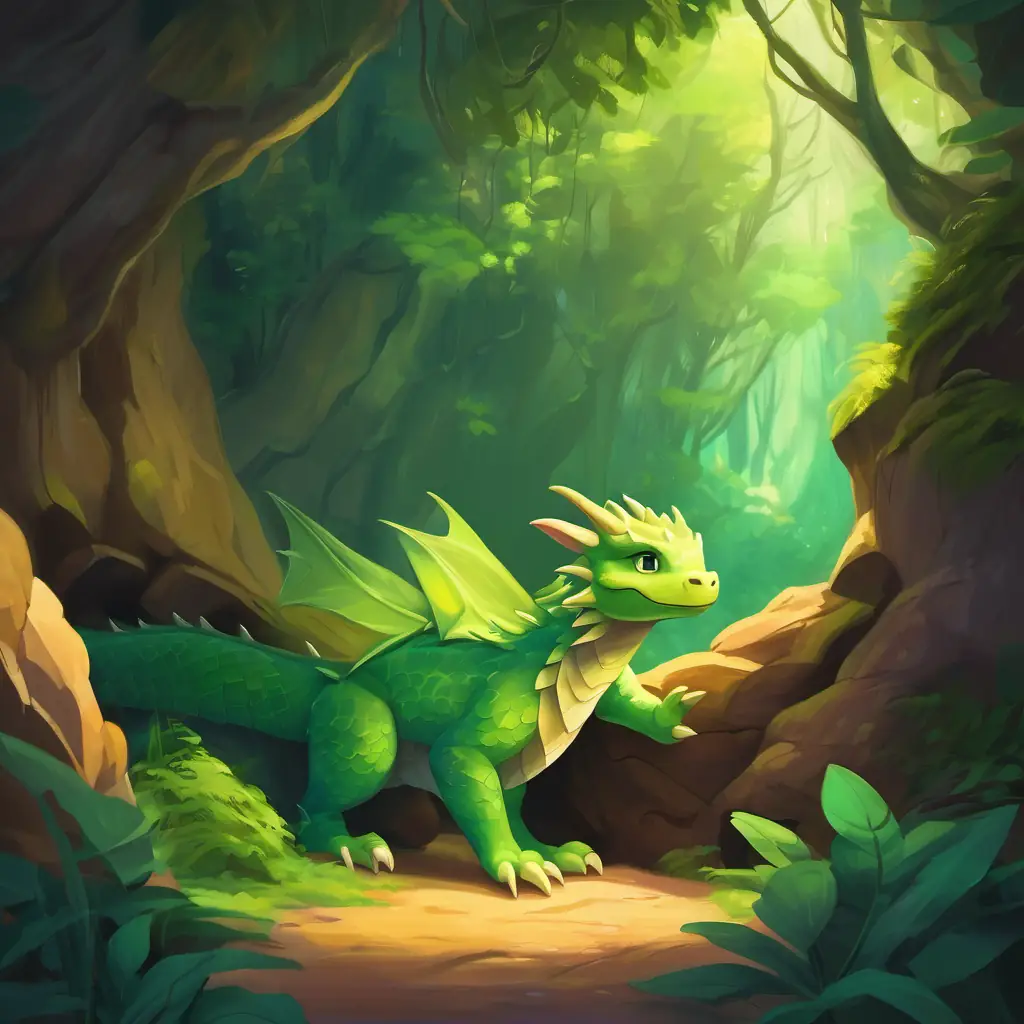 Forest, baby dragon, cave interior