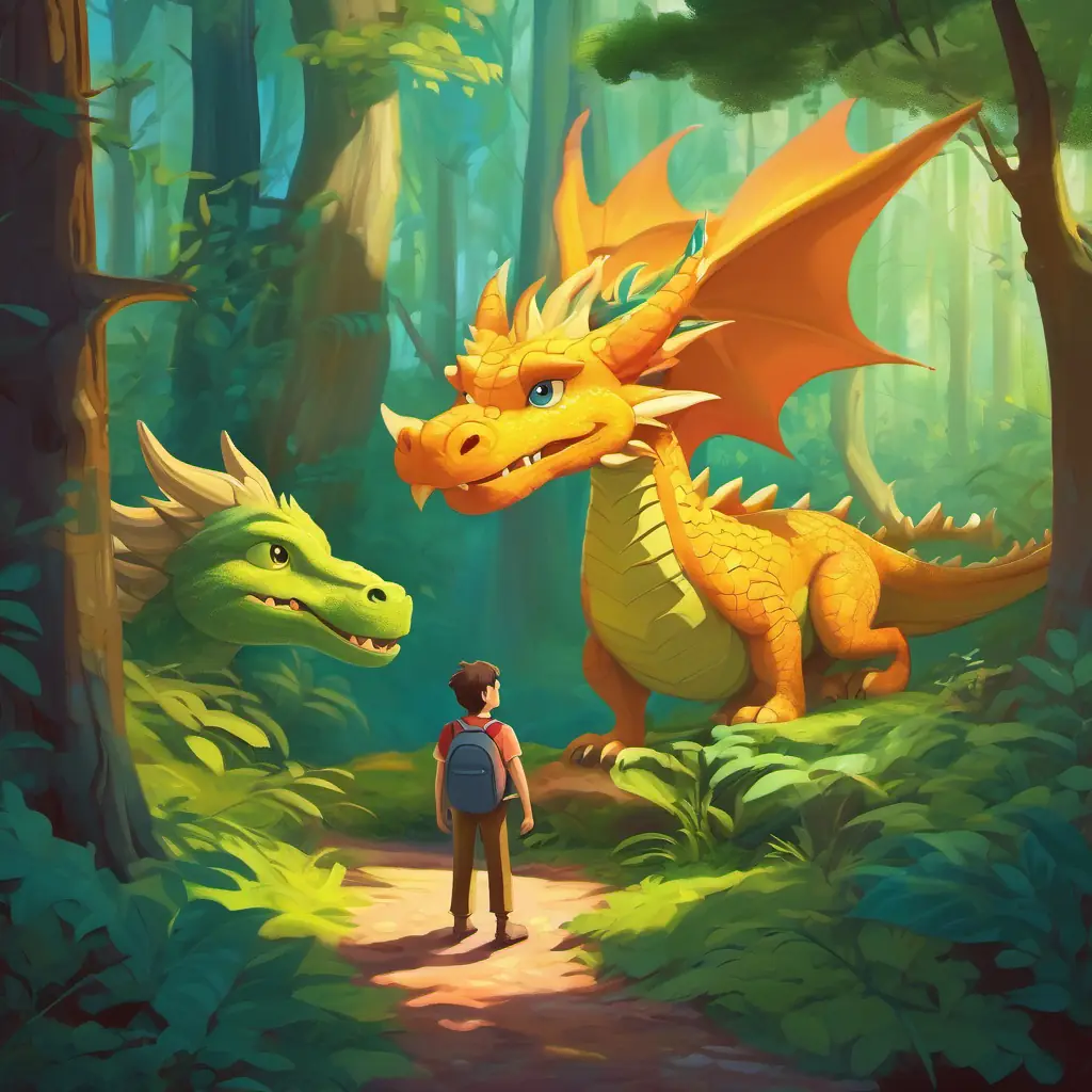 paul with a small dragon and a big dragon in the forest