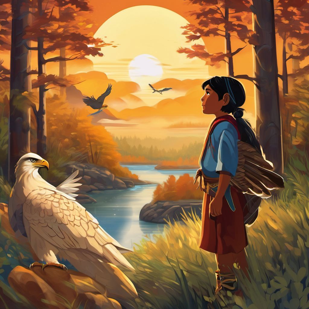 Once upon a time, in a land filled with lush forests and flowing rivers, there lived a young Anishinabe boy named Little Eagle. He had a heart filled with curiosity and a spirit as bright as the morning sun. Little Eagle was always eager to hear stories from his grandparents, who taught him about their people's history, wisdom, and teachings. One evening, as Little Eagle snuggled into his warm bed, he gazed up at the stars shimmering in the night sky. Just then, his grandmother entered the room, her kind eyes sparkling with love. She knew her grandson loved stories, so she began to tell him a very special tale, the Anishinabe Migration Story.