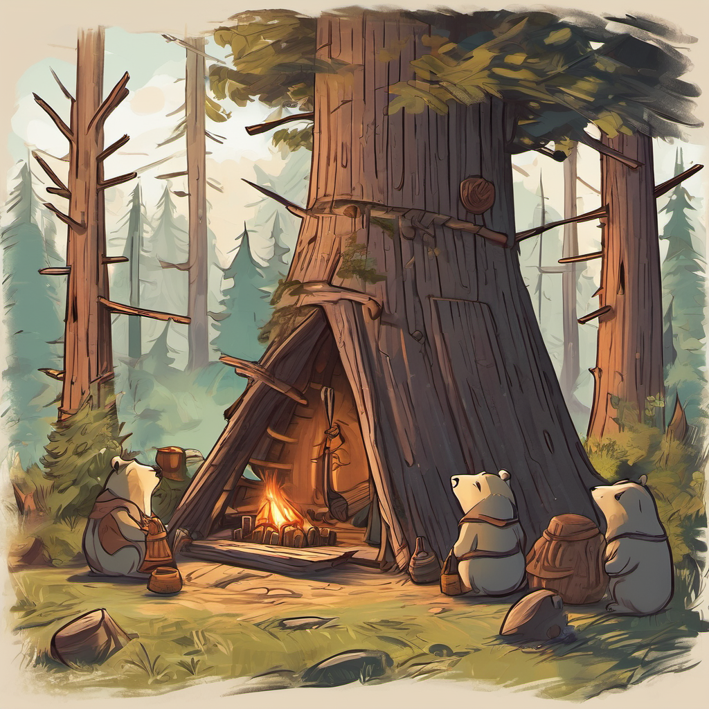 Curiosity piqued in Short Bear Ribs' heart, and he approached the strangers with caution. They welcomed him into their square wigwam made of tree-trunks. However, something felt amiss. Within the wigwam, Short Bear Ribs discovered four evil gifts that these men possessed. The first three gifts were harmful and brought much sadness and trouble to their people. But you see, my dear Little Eagle, the most dangerous and sinister of all the gifts was the last one - alcohol.