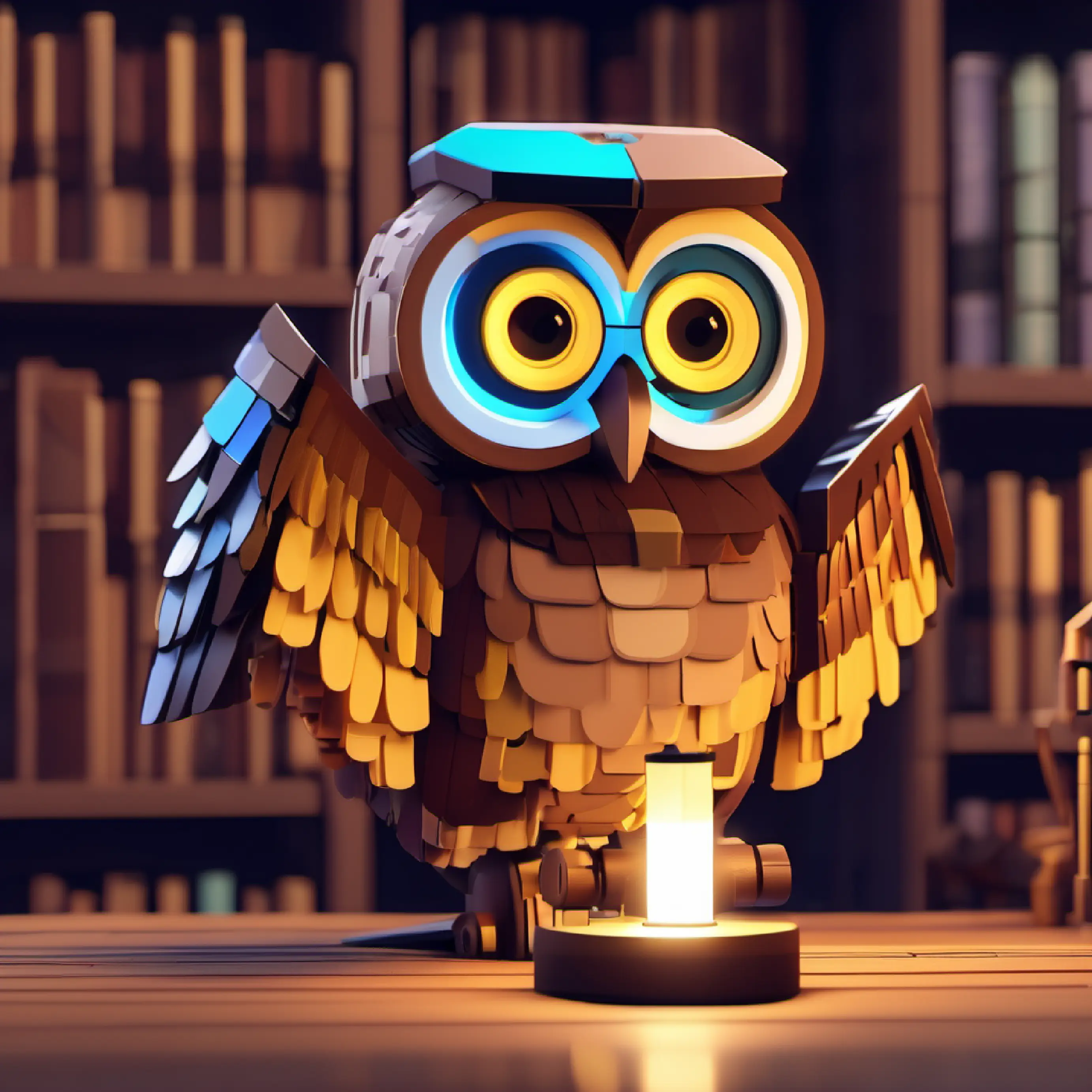 A wise librarian owl, brown feathers, big round eyes offers Small robot with blinking lights, no specific skin or eye color guidance on storytelling.